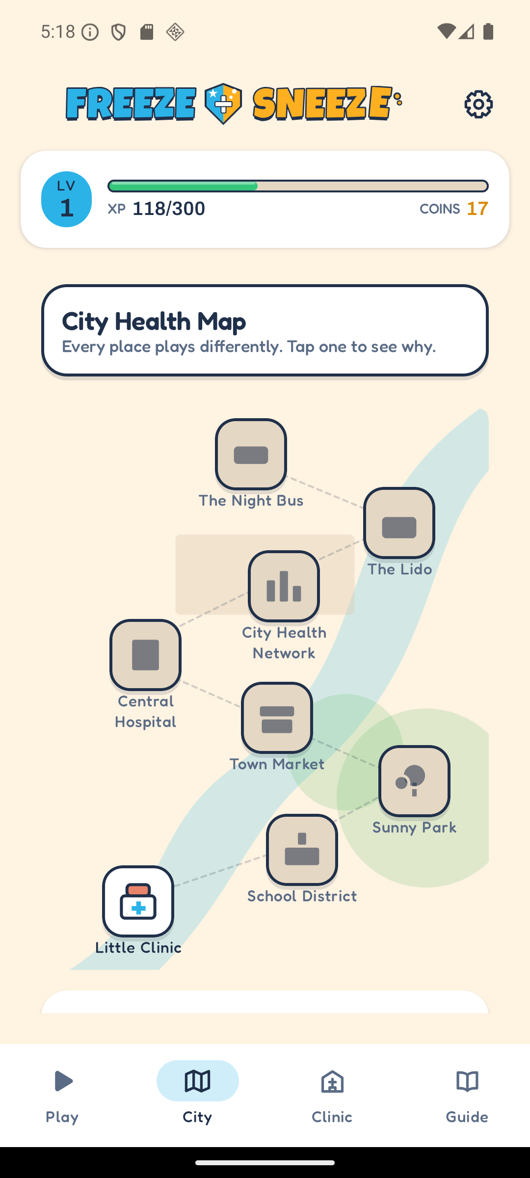 The City Health Map. Eight named places — Little Clinic, School District, Sunny Park, Town Market, Central Hospital, City Health Network, The Lido and The Night Bus — sit along a pale river, joined by dotted paths. Only the Little Clinic is unlocked.