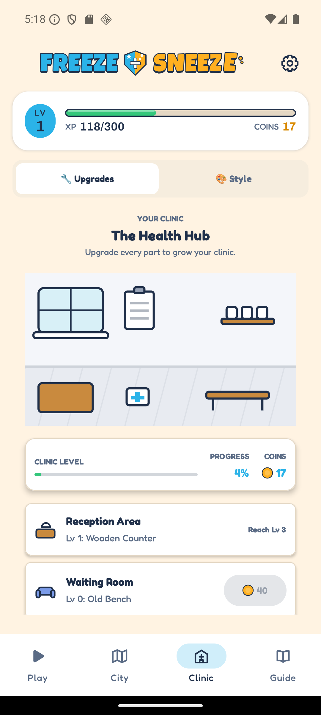 The clinic hub screen, listing upgradeable parts of the clinic with their next stage and cost.