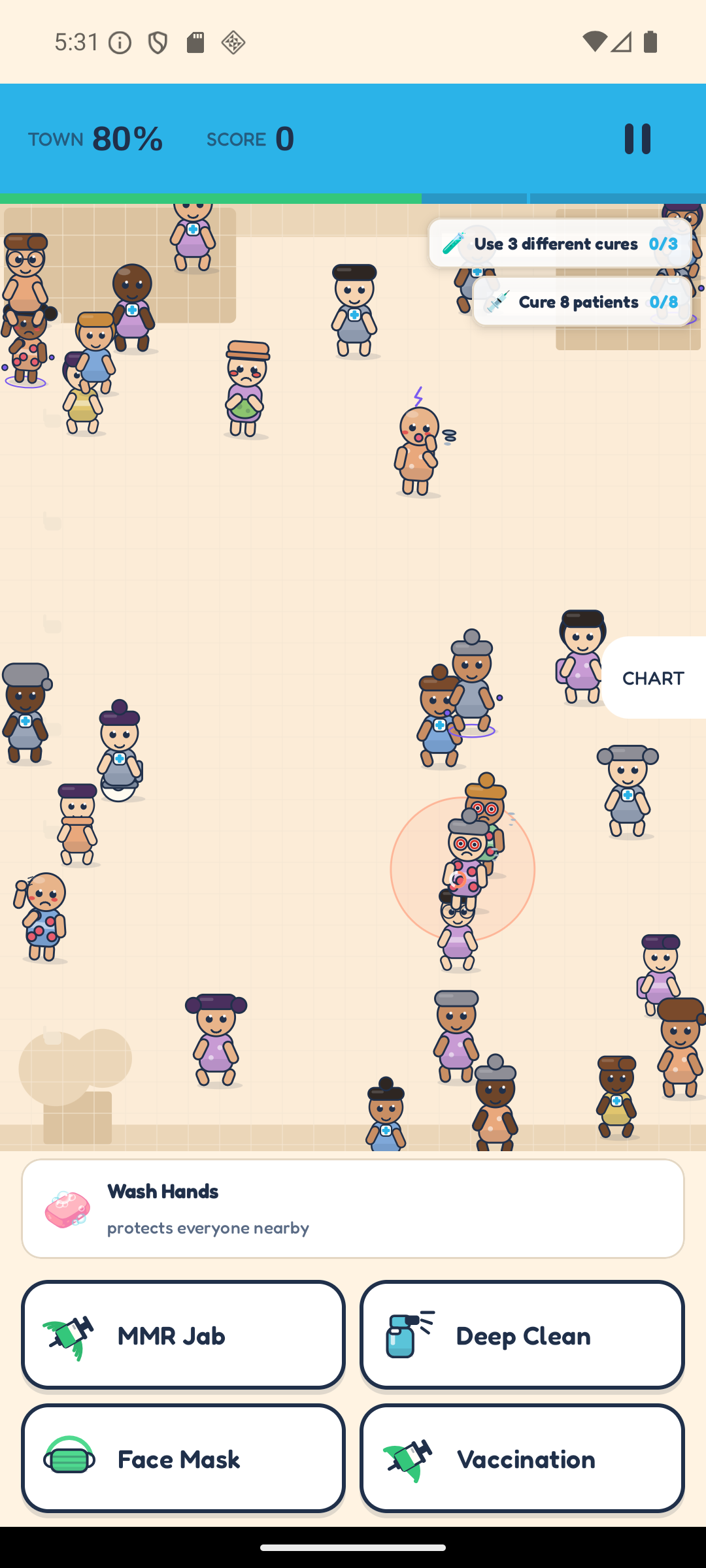 A shift in progress in the Little Clinic. Cheerful patients wander a warm paper-cut floor; one patient with red eyes and spots stands inside an orange spread ring, and a row of cure cards fills the bottom of the screen.