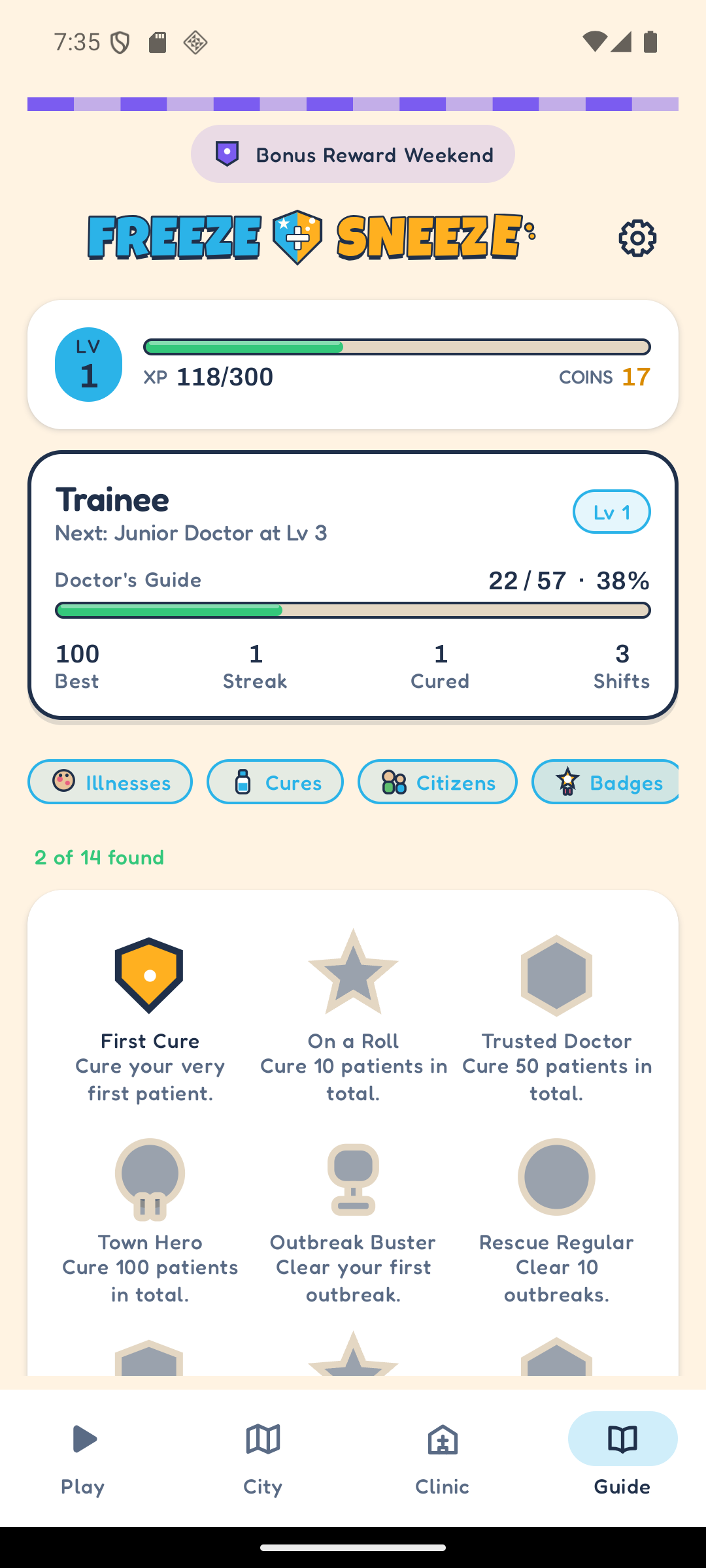 The Doctor's Guide, Badges tab, showing achievement badges above a seasonal event banner.