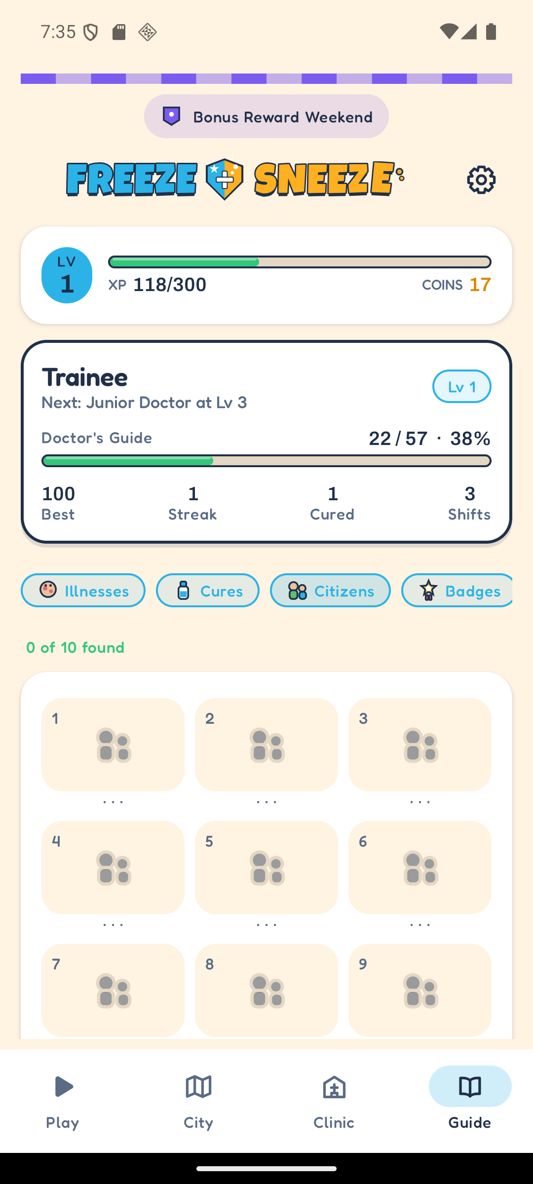 The Doctor's Guide, Citizens tab, showing collectable rare townsfolk, most of them still locked.