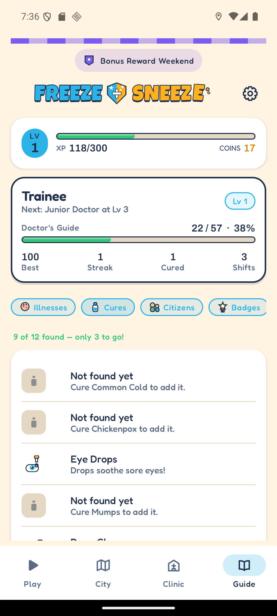 The Doctor's Guide, Cures tab, showing cure cards drawn as flat ink-outlined icons with a short description of what each is for.