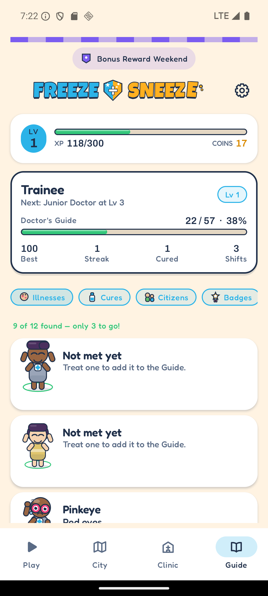 The Doctor's Guide, Illnesses tab. Each illness has a card with its symptoms and a mastery meter; undiscovered ones stay blank.