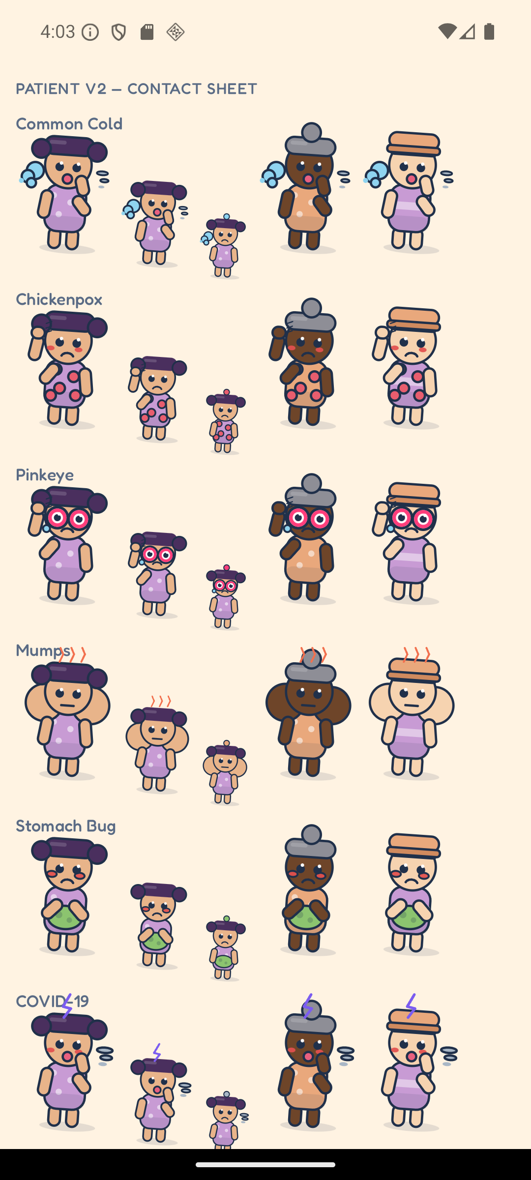 A contact sheet of patients. Common cold, chickenpox, pinkeye, mumps, stomach bug and COVID-19 are each drawn at three sizes and on several different citizens, showing how the symptom cues hold up as the sprite shrinks.