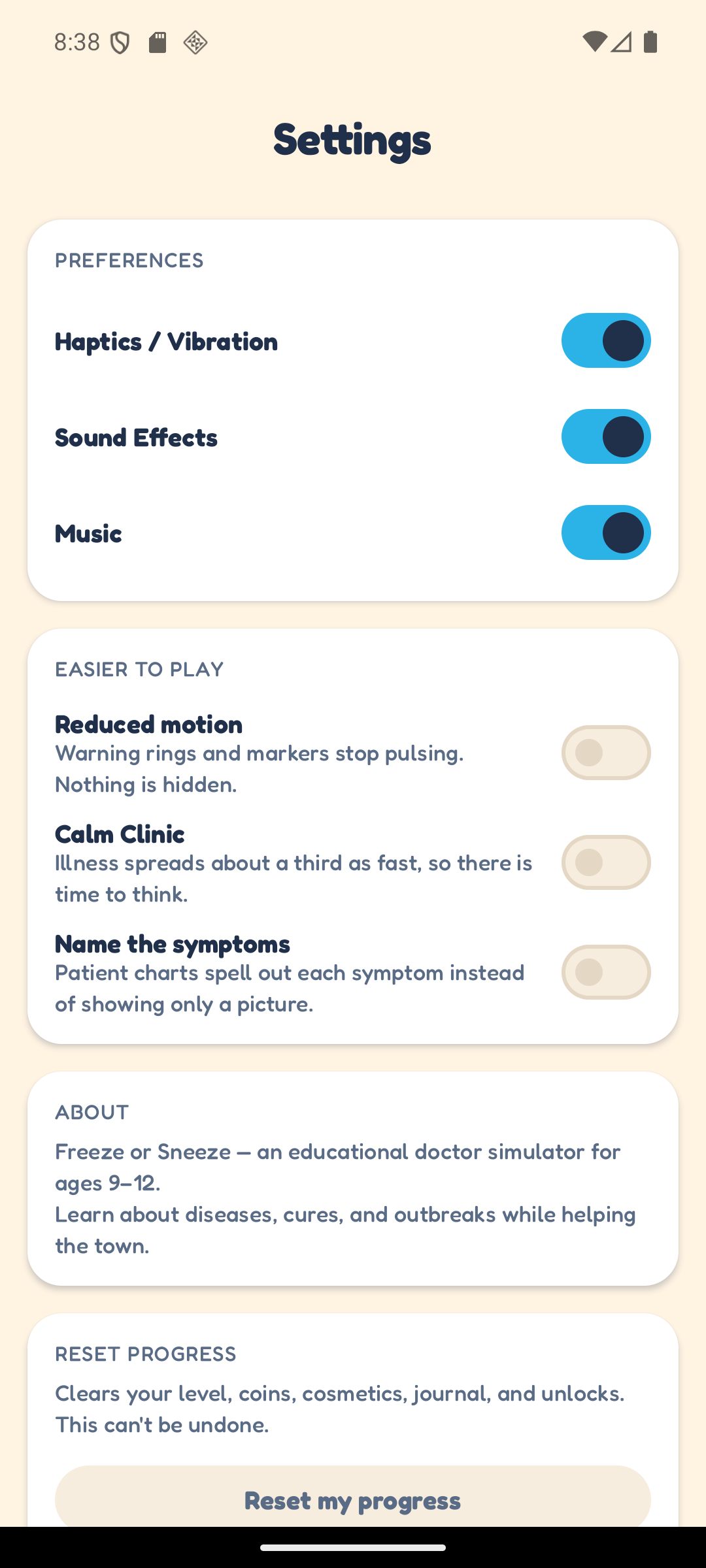 The settings screen. Toggles for haptics, sound effects and music sit above an Easier to play group offering reduced motion, Calm Clinic and Name the symptoms, with a Reset my progress control at the foot of the page.
