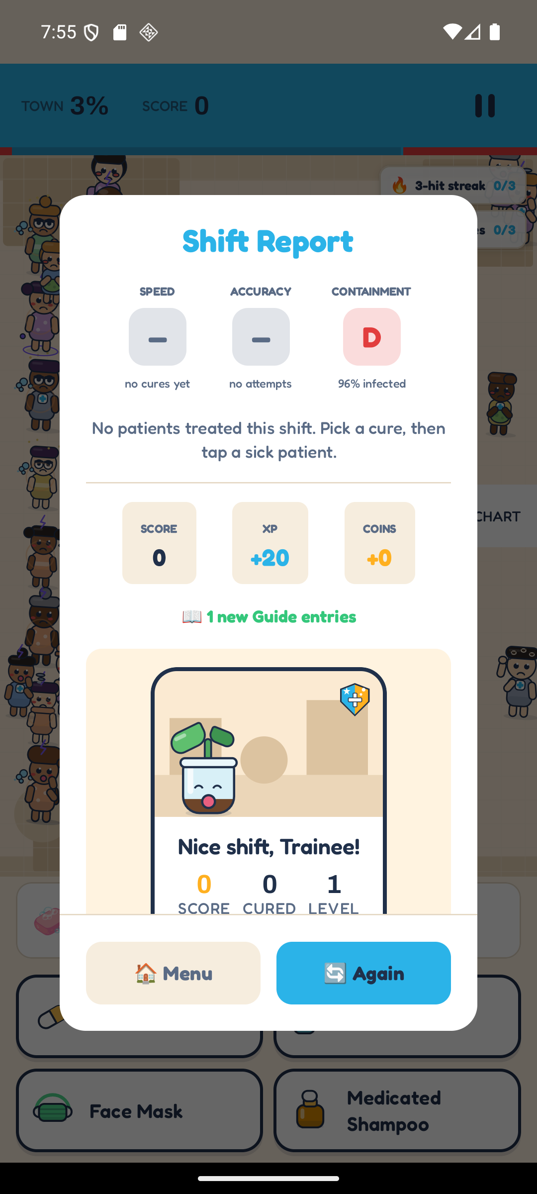 The Shift Report panel. Speed, Accuracy and Containment each get a letter grade, followed by score, XP and coins, and a keepsake postcard showing Sprout.