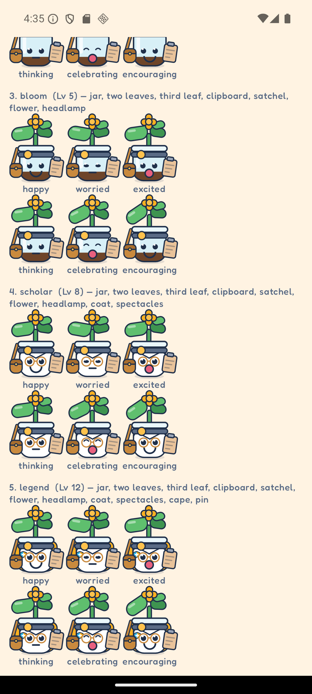 Sprout's growth sheet, stages four and five: the scholar with a lab coat and spectacles, and the legend with a marigold cape and an enamel shield pin.