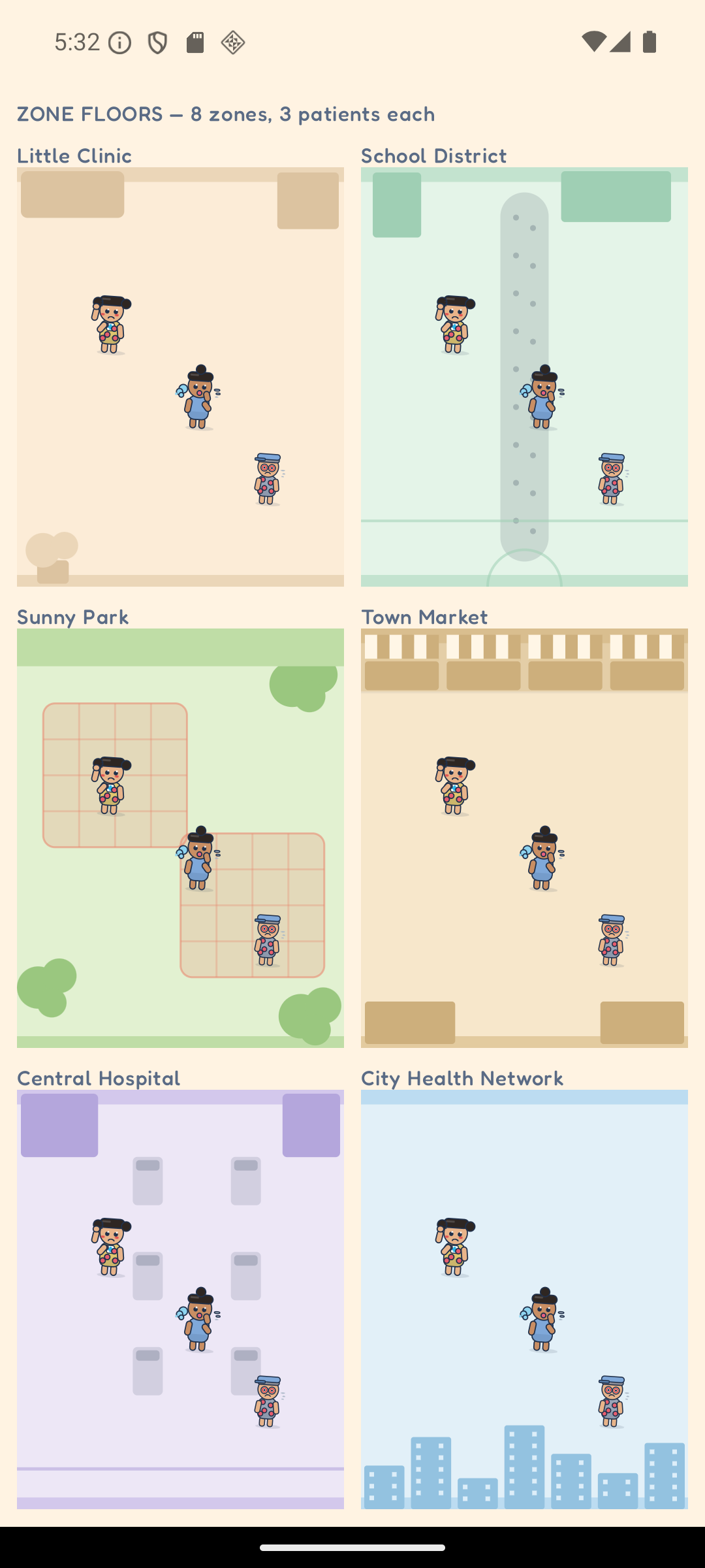 A sheet of arena floors for the first four places, each with its own tile pattern, furniture silhouettes and ground colour.
